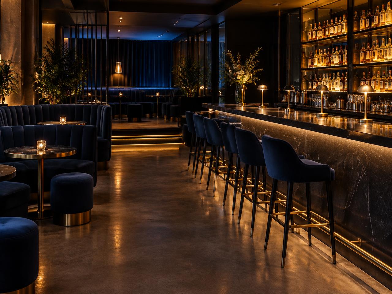 Empty evening bar and lounge with velvet seating, before opening