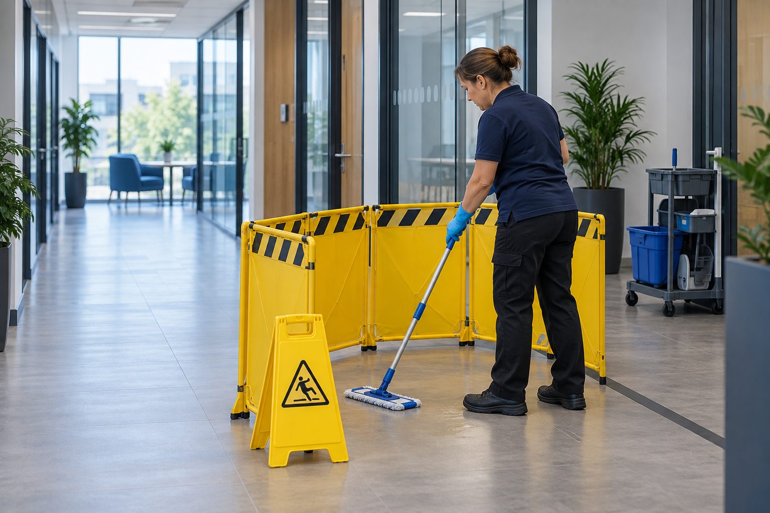 A cleaner mops a section of office floor separated from the surrounding area by a safety barrier