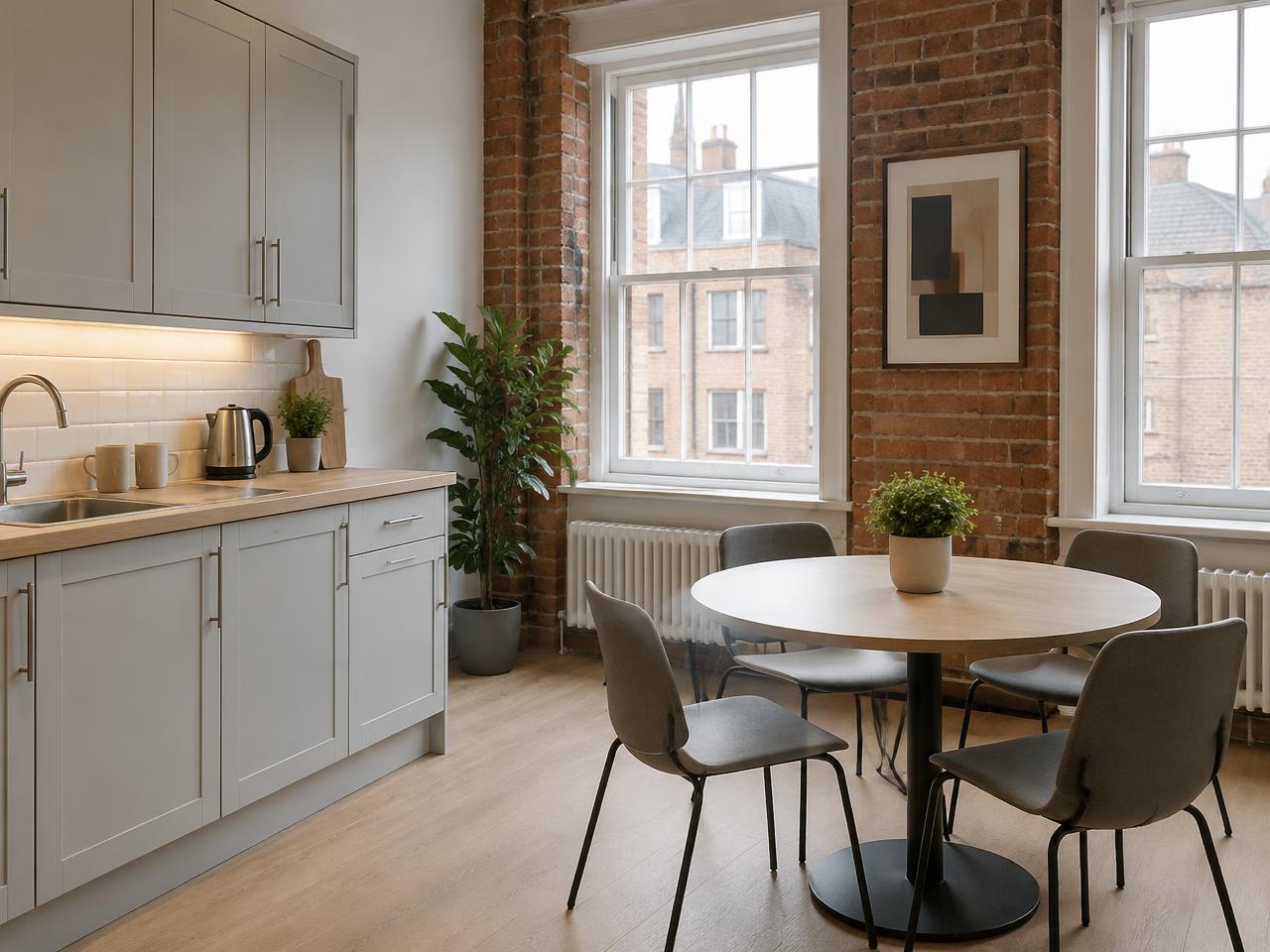 Tidy office kitchen and break area with a round table